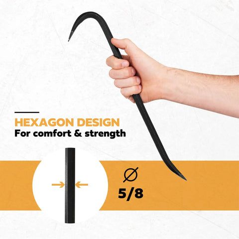 Hand holding Heavy Duty 18 Inch Wrecking Bar Pry Bar with Beveled Chisel End, Slotted Claw, Hexagon Design, 5/8 inch diameter.
