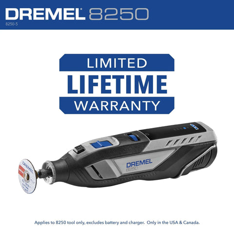 Dremel 8250 cordless rotary tool with blue/black grip and attached cutting disc