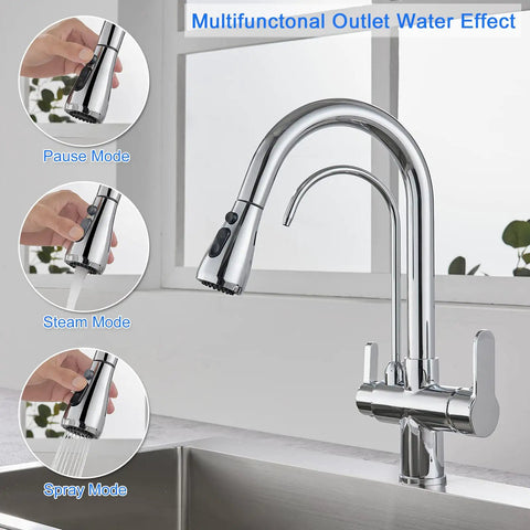 3 In 1 Kitchen Faucet With Hot Cold And RO Drinking Water No Brainer Two Handle Pull Down Chrome Faucet with spray modes