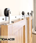 Brushed Nickel Non Bypass Sliding Barn Door Hardware Kit For Two Doors, 11 Foot Flat Track With T Shape Rollers, installed view