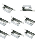 Eight Pack 4 By 2 Inch Metal Electrical Box With Bracket And Seven One Half Inch Knockouts For Wood Or Metal Studs Welded TS Side Mount Bracket Galvanized Heavy Duty Junction Box Built Tough For DIY Electrical Installations, front view of eight boxes.