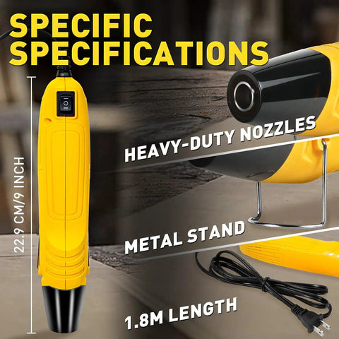 Mini Heat Gun 350W With Two Temperature Settings 482F/752F 250C/400C Hot Air Tool, side view with heavy-duty nozzles and metal stand