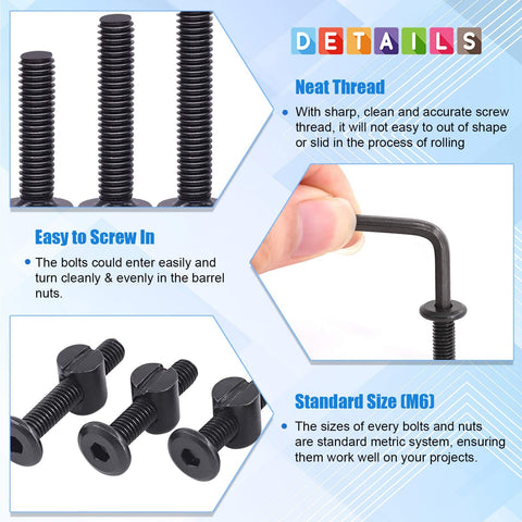 Details of Baby Crib Screws Hardware Replacement Kit With M6 Hex Socket Cap Bolts And Nuts showing neat thread and Allen wrench use.