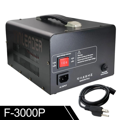 Beefy 3000 Watt Voltage Converter Transformer with US plug and handle, shown with power cord included.