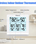 Indoor Outdoor Wireless Thermometer With 3 Remote Sensors Digital Hygrometer Temperature And Humidity Monitor With Backlit Display in a living room setting