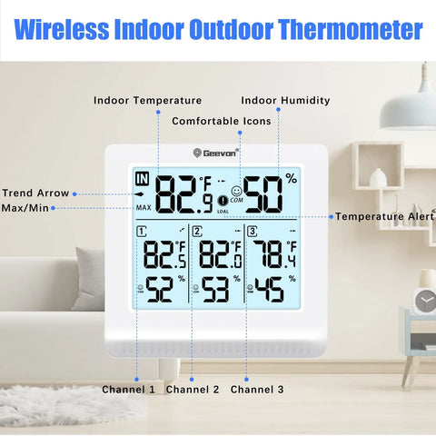 Indoor Outdoor Wireless Thermometer With 3 Remote Sensors Digital Hygrometer Temperature And Humidity Monitor With Backlit Display in a living room setting
