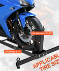 Heavy Duty Upright Motorcycle Wheel Chock Stand Keeps Your Bike Standing Solid In Garage Trailer Or Truck Fits 15 To 22 Inch Wheels And Supports Up To 1800 Pounds For Easy Loading And Safe Transport shown with blue motorcycle front wheel fit and sizing indicators.