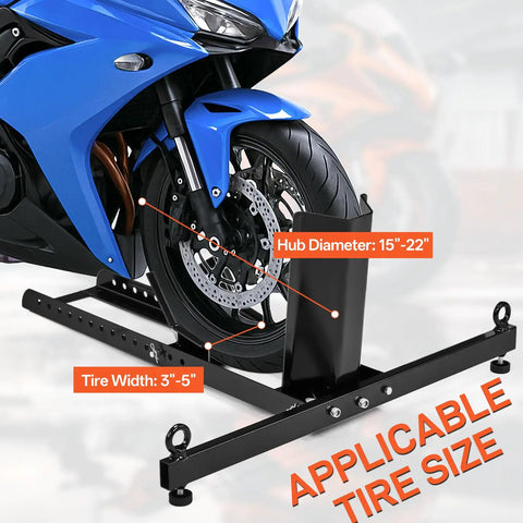 Heavy Duty Upright Motorcycle Wheel Chock Stand Keeps Your Bike Standing Solid In Garage Trailer Or Truck Fits 15 To 22 Inch Wheels And Supports Up To 1800 Pounds For Easy Loading And Safe Transport shown with blue motorcycle front wheel fit and sizing indicators.