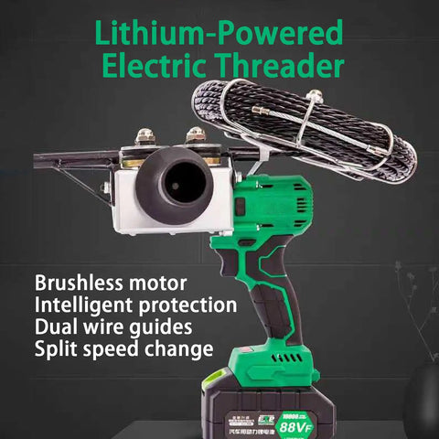 Upgraded Cordless Electric Threading Machine With Auto Pipe Threader For Decor And Comms Cables Featuring Infinitely Variable Speed Control adjustable with dual wire guides.