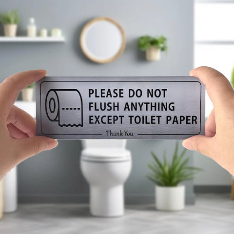 Two Pack Do Not Flush Anything Except Toilet Paper Sign held in hands near bathroom toilet; waterproof PVC sign in restroom setting.