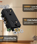 Slick Glossy Black Decorator Wall Outlet 10 Pack Features Tamper Resist Shutters Self Grounding 15 Amp Residential Grade with self-grounding clip.