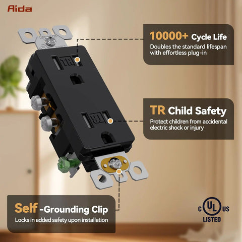 Slick Glossy Black Decorator Wall Outlet 10 Pack Features Tamper Resist Shutters Self Grounding 15 Amp Residential Grade with self-grounding clip.