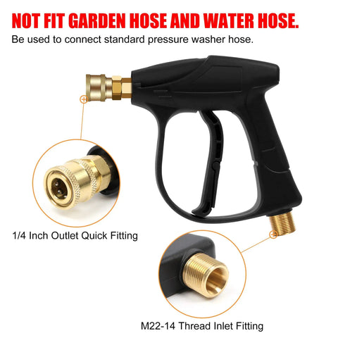 High Pressure Washer Gun For Cars And Power Washers, 4350 PSI Beast Mode Ready, side view with brass M22 coupler and engineering plastic handle