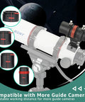Mini 40mm Guide Scope Bundle With Universal Dovetail Base For Telescopes, shown with focal length measurements and adjustability.