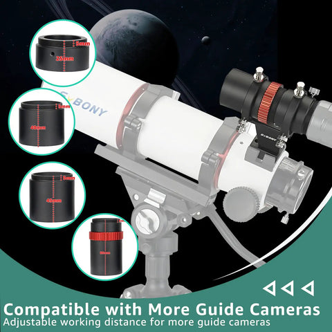 Mini 40mm Guide Scope Bundle With Universal Dovetail Base For Telescopes, shown with focal length measurements and adjustability.