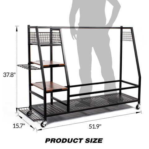 Triple Golf Bag Storage Rack With Wooden Shelf And Lockable Wheels Indoor Garage Organizer for 3 Golf Bags and Gear with dimensions