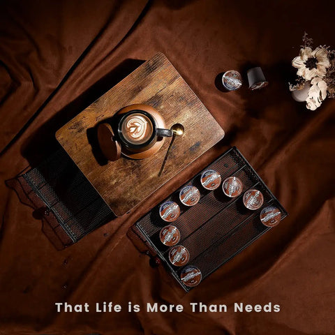 Top view of K Cup Holder and Coffee Pod Storage Rack with 2 Layer Drawer, Wood Top and Iron Frame, showcasing 48 Capsule Capacity