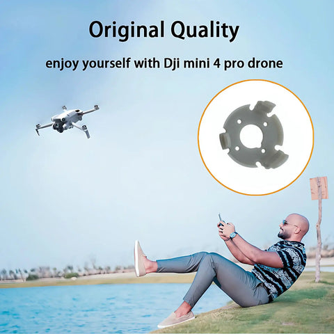 Replacement Rubber Gimbal Shock Absorbers For DJI Mini 4 Pro Drone showing rubber damper and man flying drone over grass.