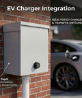 Heavy Duty Metal Outdoor Electrical Box Featuring Rock Solid Construction And Hella Secure Resettable Combo Lock For Effortless IP66 Waterproof Wiring Protection mounted on a brick wall.