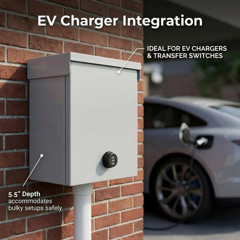 Heavy Duty Metal Outdoor Electrical Box Featuring Rock Solid Construction And Hella Secure Resettable Combo Lock For Effortless IP66 Waterproof Wiring Protection mounted on a brick wall.
