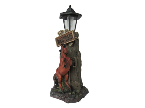 Stallion's Greeting Western Horse Welcome Statue For Outdoor Patio Garden Yard Decor With Solar Powered LED Lantern Resin 18 Inch High