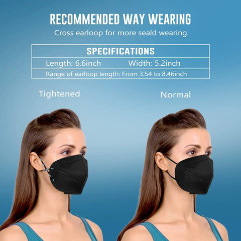 Pack Of 25 KN95 Face Masks Five Layer Breathable Respirator Masks Black All Day Everyday Protection With PM25 Filtering shown worn tightened and normally.