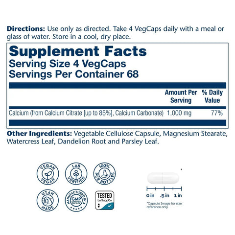 Supplement facts label of Calcium Citrate 1000mg Chelated Calcium Supplement For Strong Bones And Healthy Teeth Easy To Digest Vegan 68 Servings