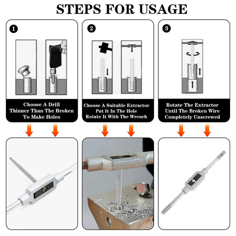 Steps for using the Straight Fluted Screw Extractor Set, Five Pieces for Damaged Bolts and Broken Screws, Easy Out Bolt Extractor Kit.