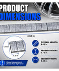 One Sixth Oz Adhesive Wheel Weights dimensions shown, 4.68 in length, 0.75 in height, 0.38 in width, heavy duty iron 24 pack.