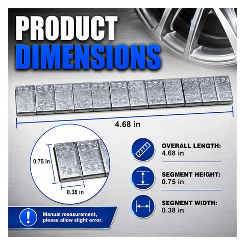 One Sixth Oz Adhesive Wheel Weights dimensions shown, 4.68 in length, 0.75 in height, 0.38 in width, heavy duty iron 24 pack.