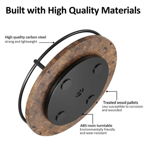 Underside view of Rotating Nine Inch Lazy Susan Spice Organizer showing carbon steel frame, wood tray, and ABS resin turntable.