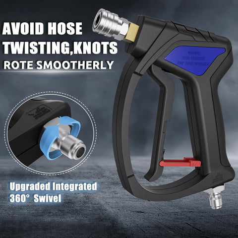 Compact Pressure Washer Gun With 3 Eighths Inch Smooth Swivel And 1 Quarter Inch Quick Connect, side view with 360° swivel.