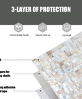 Peel And Stick Backsplash With Natural Mother Of Pearl Mosaic Shell Tiles showing 3-layer construction for kitchen and bathroom decor.