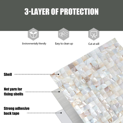 Peel And Stick Backsplash With Natural Mother Of Pearl Mosaic Shell Tiles showing 3-layer construction for kitchen and bathroom decor.