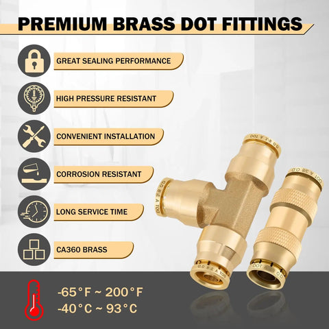 Brass DOT fittings displaying premium sealing, high pressure resistance, convenient installation, and corrosion resistance features.