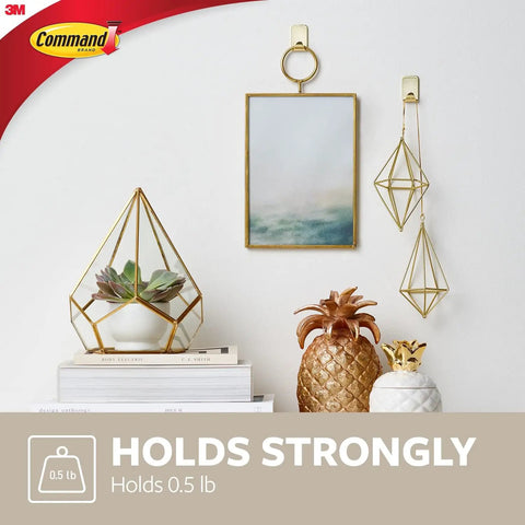 Small Brass Tone Metal Hooks With Adhesive Strips, 4 Hooks And 5 Strips, Damage Free Wall Hangers, No Tools Needed, Holds Up To 0.5 Lb