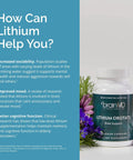 Lithium Orotate Brain Boost Support Supplement bottle with text on benefits of lithium for focus, mood, and cognitive health.