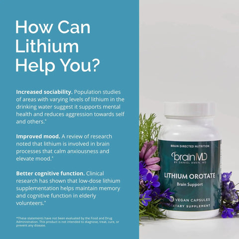Lithium Orotate Brain Boost Support Supplement bottle with text on benefits of lithium for focus, mood, and cognitive health.