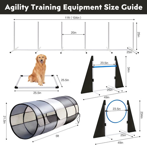 Backyard Dog Agility Training Course Set For Pets, Easy Setup Obstacle Course with size guide, featuring tunnel, hurdles, and jump ring.