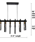 Six Light Kitchen Island Pendant Chandelier In Industrial Style Matte Black With Antique Brass Finish, 31.5" long