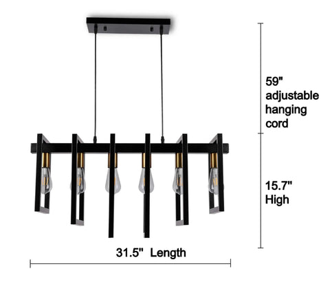Six Light Kitchen Island Pendant Chandelier In Industrial Style Matte Black With Antique Brass Finish, 31.5" long