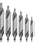 7-piece center drill bit set, M2 HSS with 60° angle; sizes 1.0–5.0 mm, from Amazon.