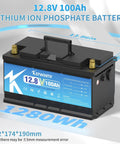 12.8V 100Ah LiFePO4 Battery With 100A BMS For Trolling Motor, Boat, RV And Solar, dimensions shown
