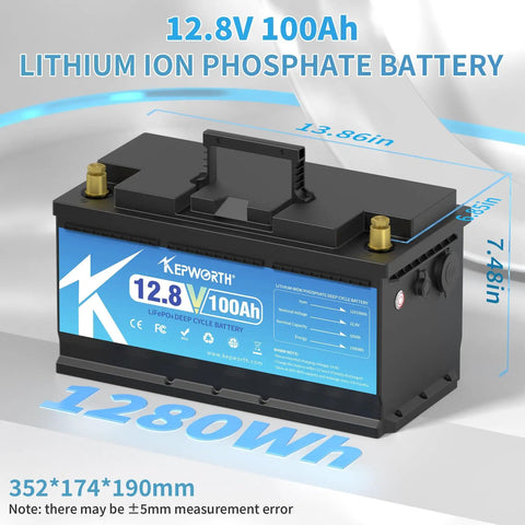 12.8V 100Ah LiFePO4 Battery With 100A BMS For Trolling Motor, Boat, RV And Solar, dimensions shown
