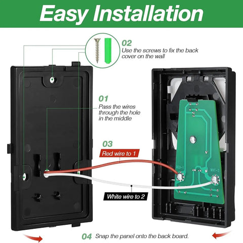 Interior of Upgraded Wall Mount Garage Door Opener Keypad With Lighting Control Wired Replacement Panel Compatible With LiftMaster Chamberlain Craftsman Openers Post 1995 Supports Green Red Purple Learn Buttons.