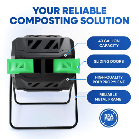 Dual Chamber 43 Gallon Compost Tumbler Bin For Outdoor Gardens And Backyards No Fuss Easy Turn Barrel Mixer with 43-gallon capacity
