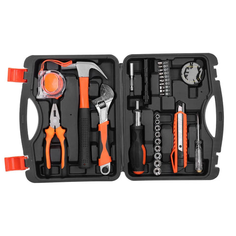 DIY Ready Hardware Toolbox Kit with Durable Alloy Steel Tools displayed in open case