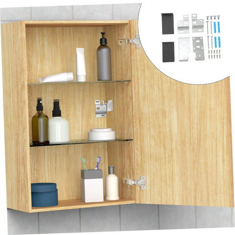 Heavy Duty Corner Brackets For Cabinets And Cupboards Wall Mounting Hardware Set supporting wood cabinet with shelves and accessories.