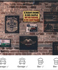 Retro Vintage Metal Tin Wall Sign For Garage And Man Cave Rustproof Aluminum Decor featuring bold quote on brick wall.