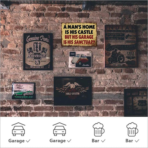 Retro Vintage Metal Tin Wall Sign For Garage And Man Cave Rustproof Aluminum Decor featuring bold quote on brick wall.